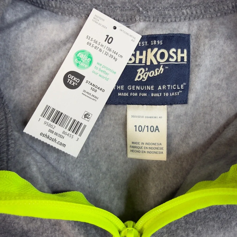 OshKosh‎ Boys Gray Fleece Quarter Zip Pullover Neon Yellow Trim Size 10 NWT